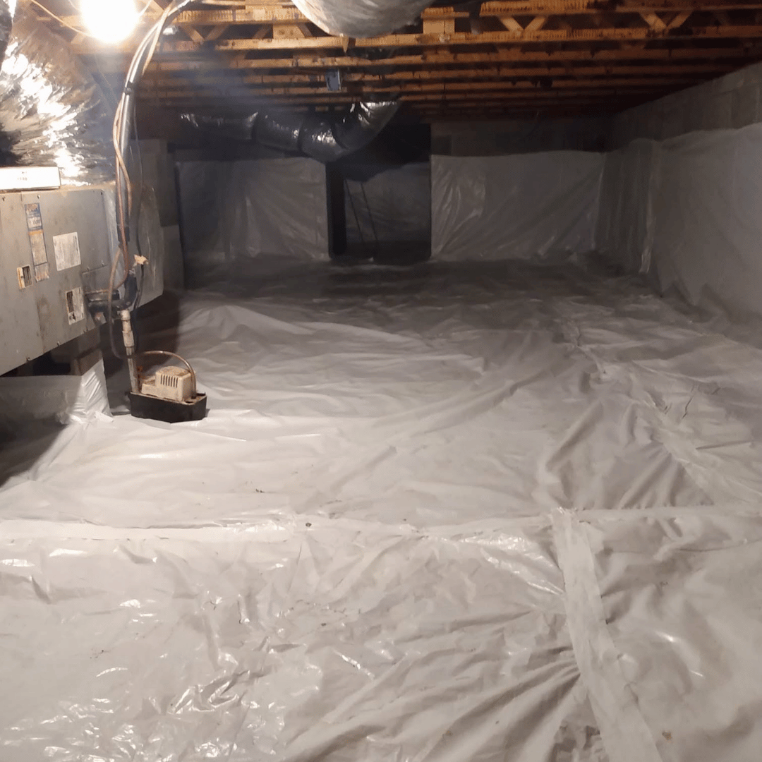 Professionally encapsulated crawlspace with moisture barrier